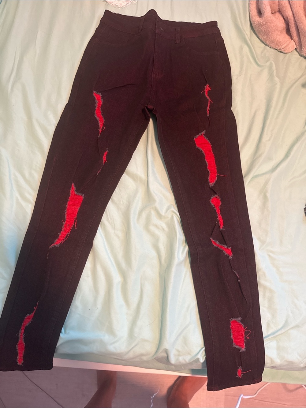 Burgundy Distressed Jeans with Red Underlay - Women